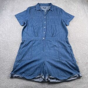 NYDJ Romper Womens XL Blue Denim Short Sleeve Button Up‎ Cuffed Pockets